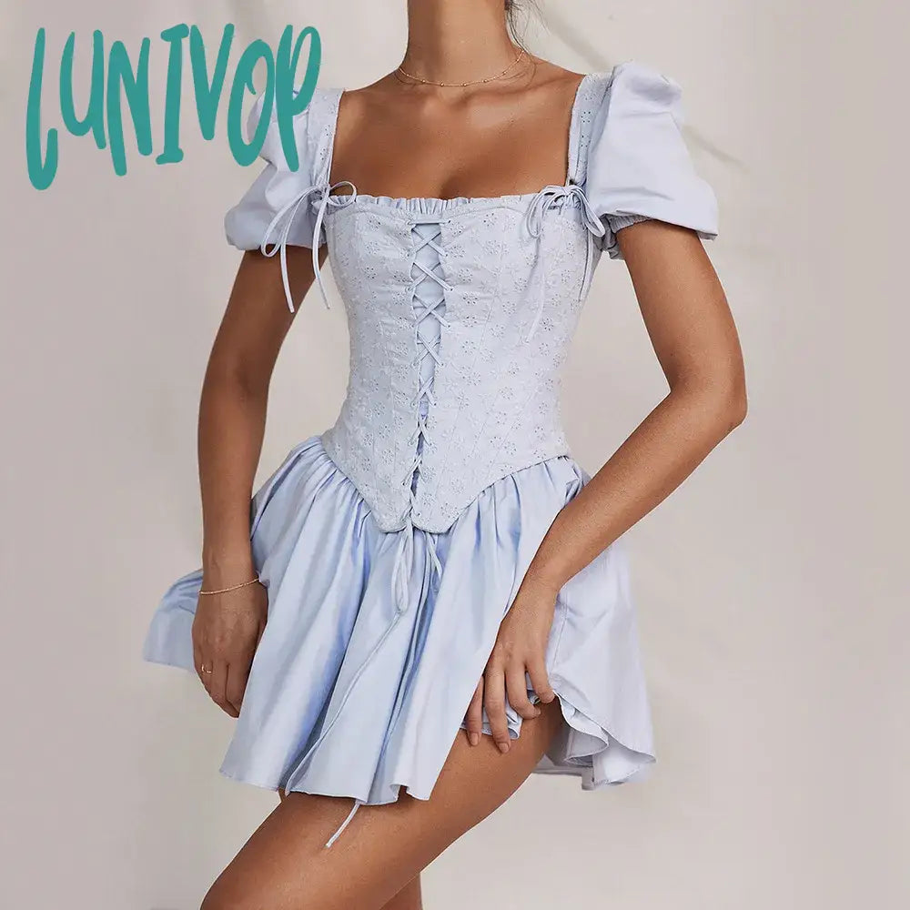 Lunivop Summer Detachable Puff Sleeve Corset Dress Mini Elegant Blue Square Neck Dress Casual Women Holiday Party Dress Tunics Cozy soft Lunivop Summer Detachable Puff Sleeve Corset Dress Mini Elegant Blue Square Neck Dress Casual Women Holiday Party Dress Tunics Cozy soft