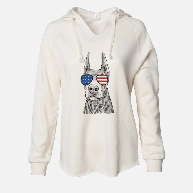 USA Luna the Doberman Pinscher - Cali Wave Hooded Sweatshirt Hoodie with Longline Fit Extended Stylish USA Luna the Doberman Pinscher - Cali Wave Hooded Sweatshirt Hoodie with Longline Fit Extended Stylish