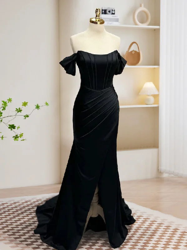 Black Off Shoulder Satin Mermaid Long Prom Dress, Black Long Evening Dress Shift Classic Vintage Black Off Shoulder Satin Mermaid Long Prom Dress, Black Long Evening Dress Shift Classic Vintage