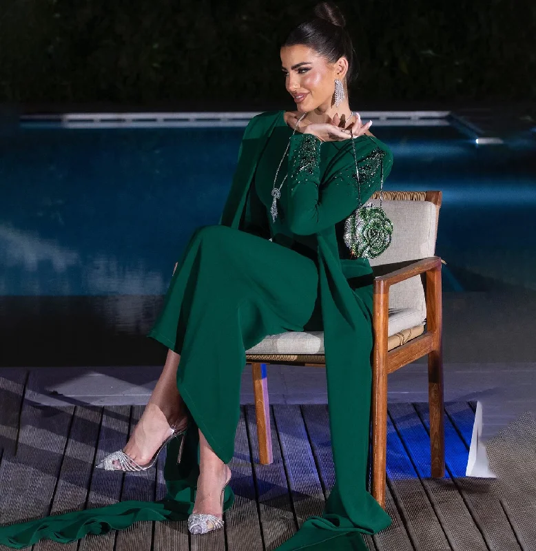 Elegant Green Long Sleeve Evening Dress with Cape SF464 Tunics Spring floral