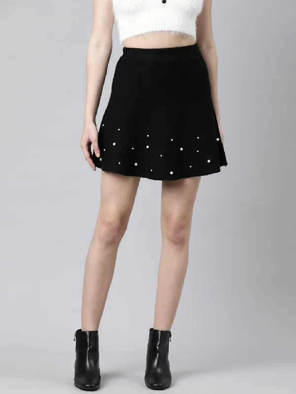Women Solid Black Flared Mini Skirt-9610-Black pencil skirt chic