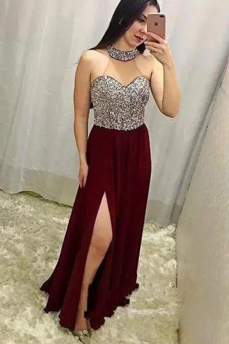 Burgundy A Line Halter Neckline Prom Dress With Slit Dance Party Dress Graduation Dress OK1149 Tunics Solid Classic Burgundy A Line Halter Neckline Prom Dress With Slit Dance Party Dress Graduation Dress OK1149 Tunics Solid Classic