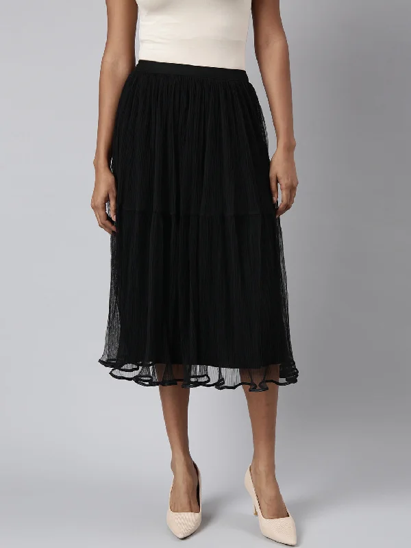 Women Tiered Midi Black Solid Skirt-CHN-2522-Black denim skirt casual