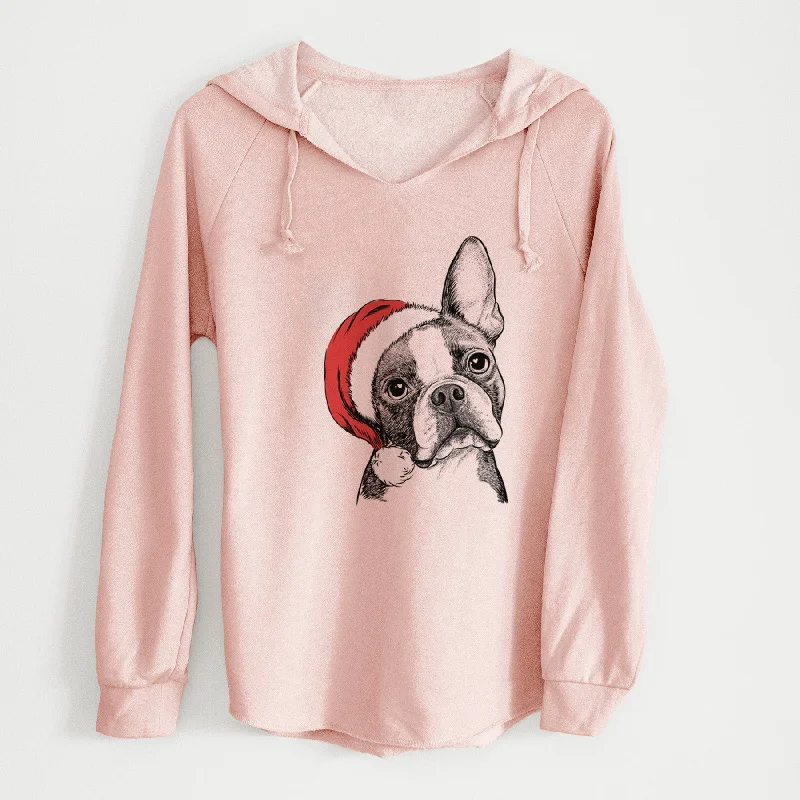 Santa Dee Dee the Boston Terrier - Cali Wave Hooded Sweatshirt Hoodie with Raw Hem Edgy Unfinished Santa Dee Dee the Boston Terrier - Cali Wave Hooded Sweatshirt Hoodie with Raw Hem Edgy Unfinished