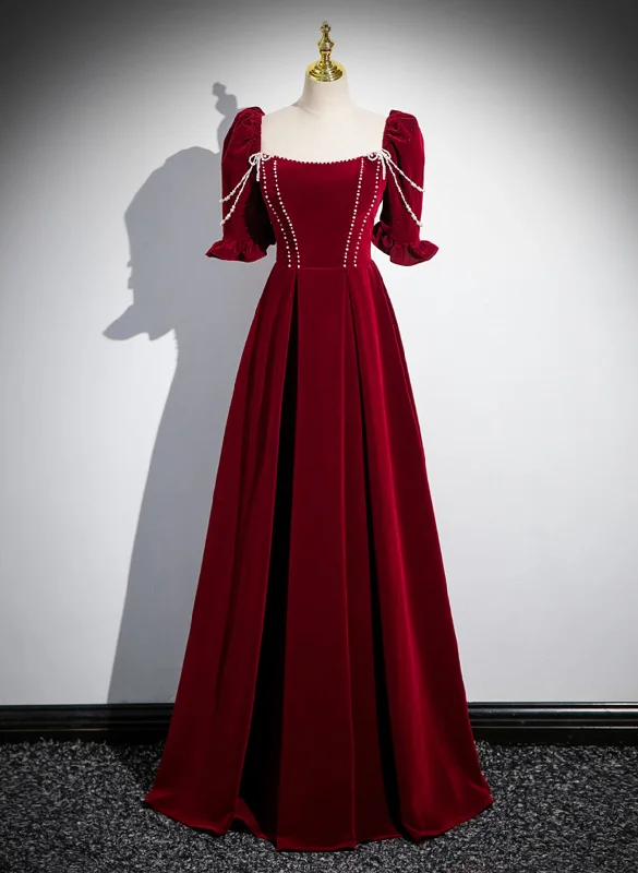 Wine Red Velvet Beaded Short Sleeves Prom Dress, Wine Red Evening Dress Tunics Chic elegant