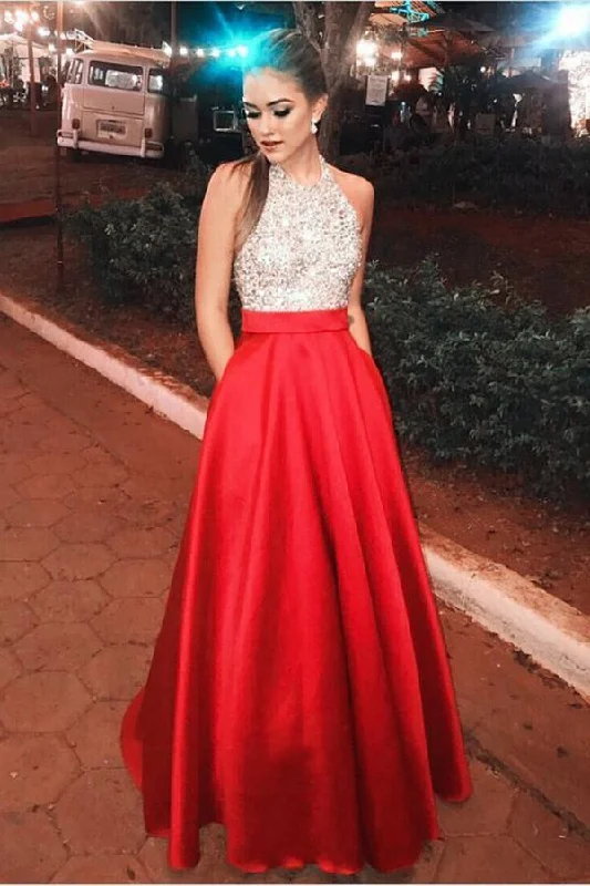 Sparkly Open Back Halter Beading Red Long Prom Dresses with Pockets Party Dresses Tunics Essential wardrobe Sparkly Open Back Halter Beading Red Long Prom Dresses with Pockets Party Dresses Tunics Essential wardrobe
