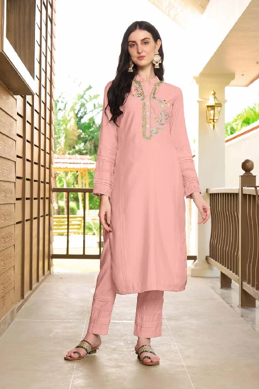 Light Pink Hand Embroidery Art Silk Straight Cut Pants Kurta Set Comfortable Fleece Pants