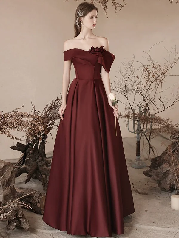 A-Line off Shoulder Satin Dark Burgundy Long Prom Dress, Satin Long Formal Dress Tunics Seasonal trendy A-Line off Shoulder Satin Dark Burgundy Long Prom Dress, Satin Long Formal Dress Tunics Seasonal trendy
