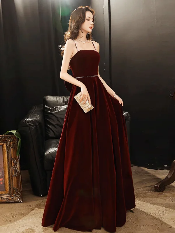 A-Line Velvet Burgundy Long Prom Dress, Burgundy Long Evening Dress Tunics Luxurious high-end