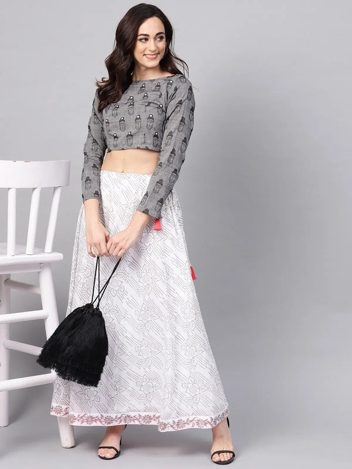 Handloom Buddha Top With Printed Skirt floral skirt print