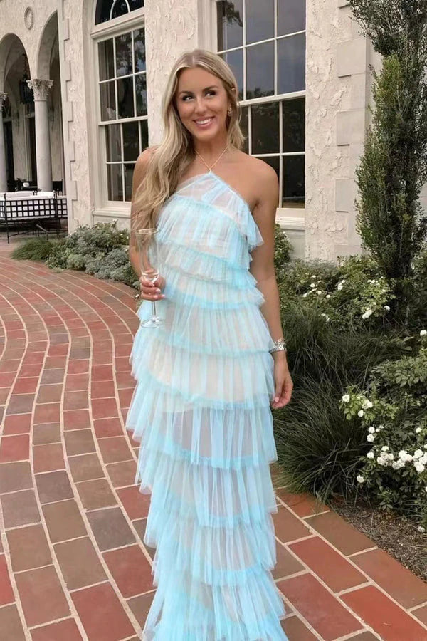 Fashion Halter Ruffles Tulle Prom Dress with Slit Chiffon Long Party Dress OK1382 Tunics Running lightweight Fashion Halter Ruffles Tulle Prom Dress with Slit Chiffon Long Party Dress OK1382 Tunics Running lightweight