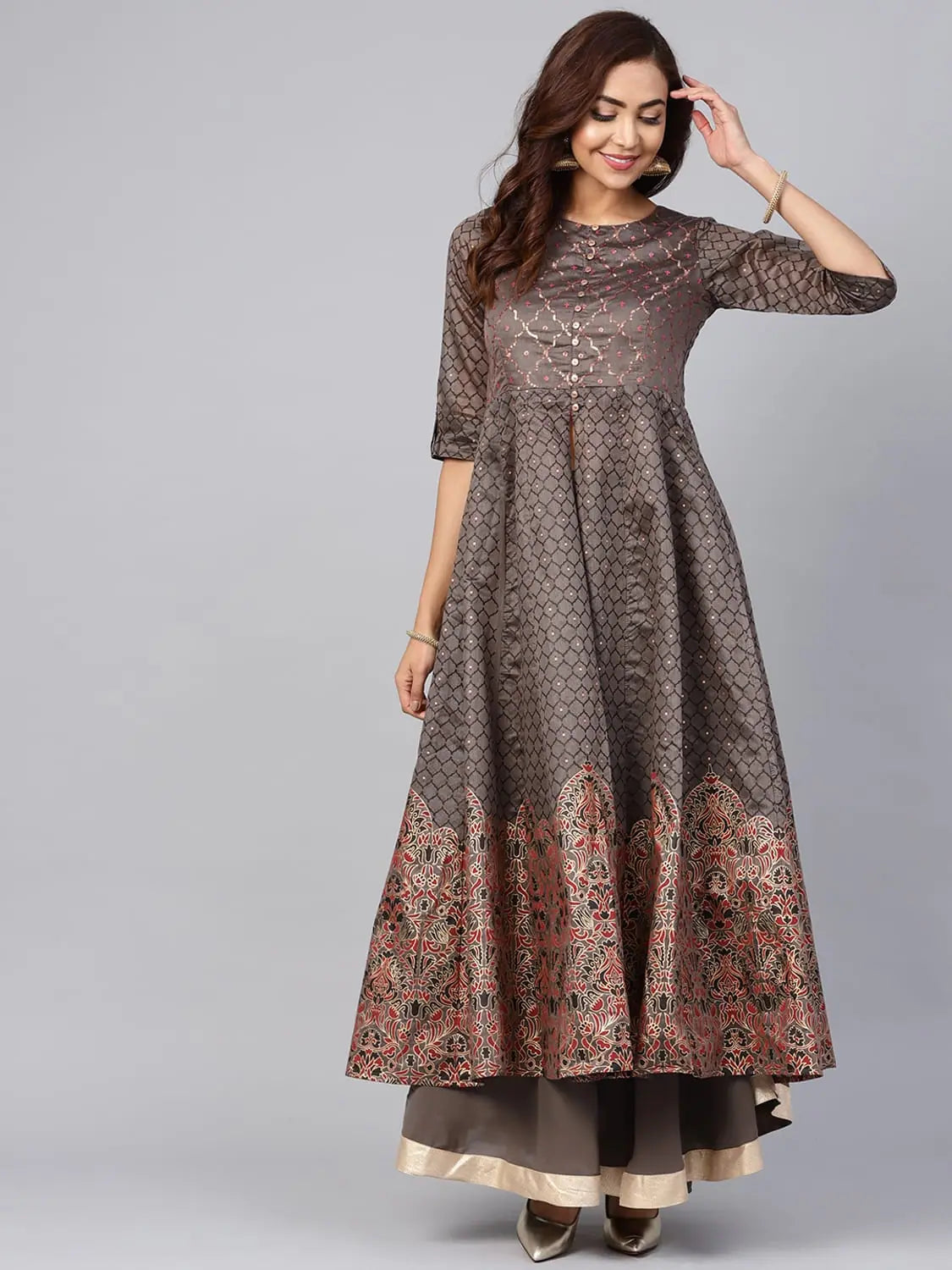 Juniper Grey Chanderi Printed Kurta With Solid Skirt boho skirt vibe