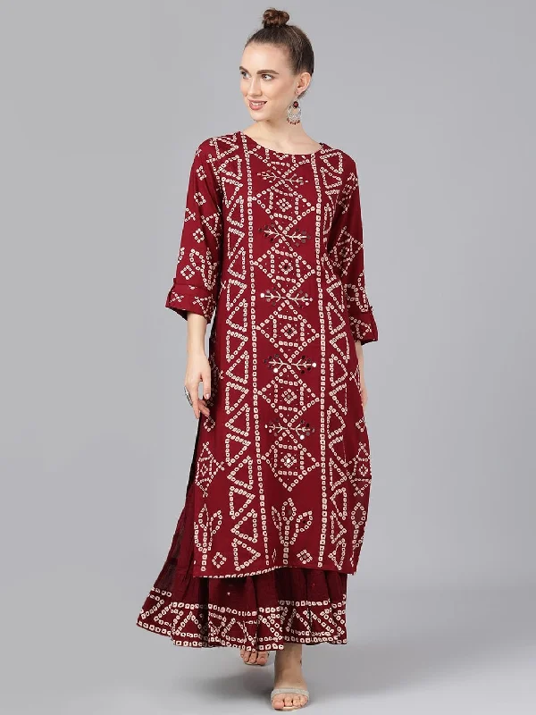 Women's  Maroon Printed Kurta with Skirt - AKS velvet skirt luxurious