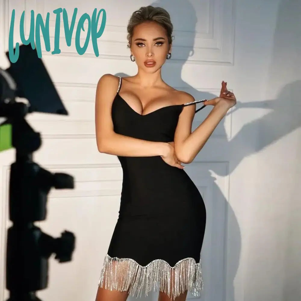 Lunivop New Elegant Women Black Spaghetti Strap V Neck Mini Bandage Dress Sexy Diamonds Tassel Celebrity Runway Party Dresses Tunics Silk luxurious Lunivop New Elegant Women Black Spaghetti Strap V Neck Mini Bandage Dress Sexy Diamonds Tassel Celebrity Runway Party Dresses Tunics Silk luxurious