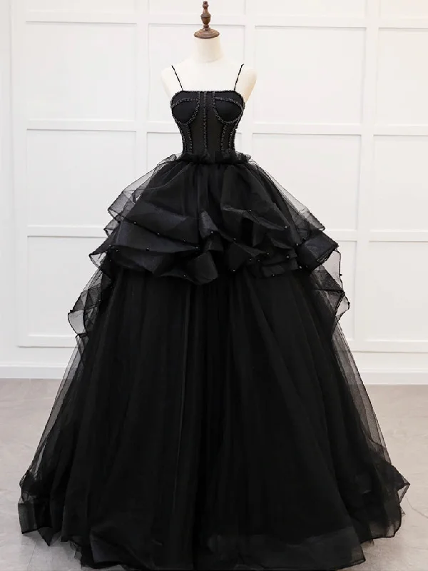A-Line Tulle Beads Black Long Prom Dress, Black Sweet 16 Dress Tunics Fashionable trendy