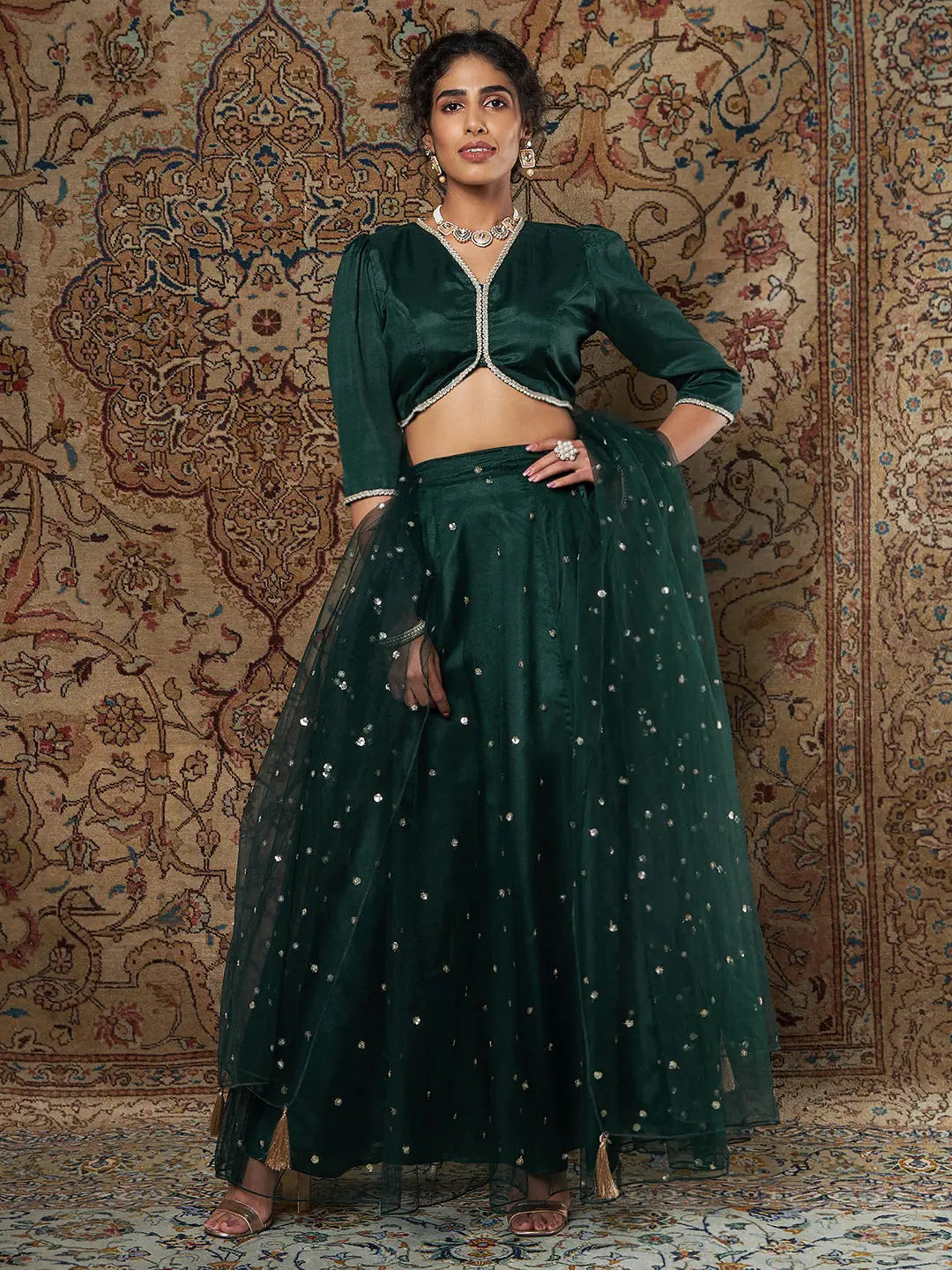 Women Green Crepe Top With Tulle Aanrkali Skirt And Dupatta wool skirt breathable