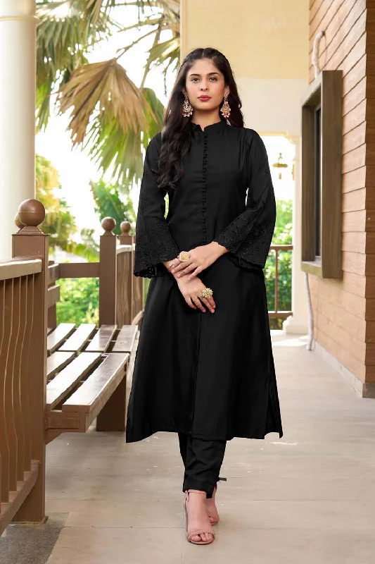 Black Hand Embroidery Art Silk A Line Pants Kurta Set Relaxed High-Waist Trousers