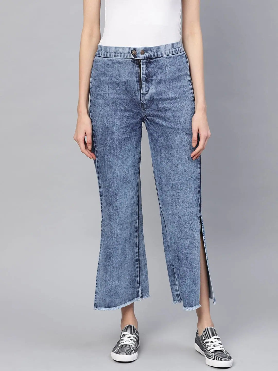 Blue Denim Acid Wash Side Slit Pants High-Waist Jeans