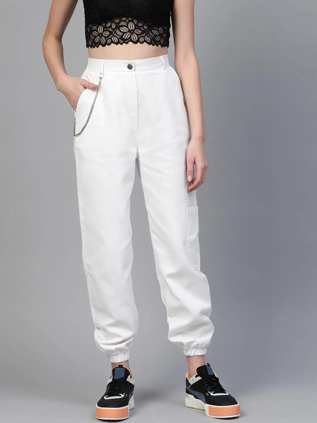 White Hip-Hop Streetwear Cargo Pants Relaxed Fit Trousers
