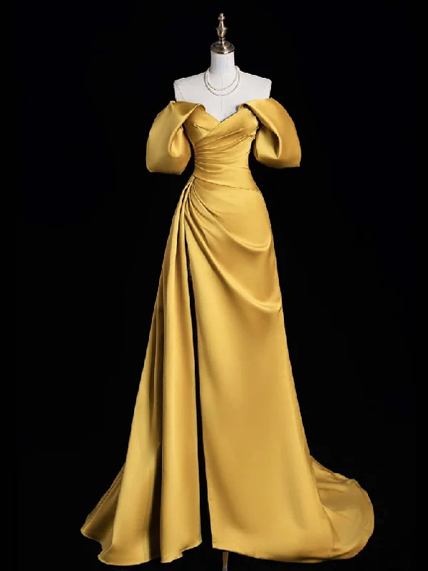 A-Line Off Shoulder Satin Gold Long Prom Dress, Gold Long Evening Dress Tunics Luxurious high-end A-Line Off Shoulder Satin Gold Long Prom Dress, Gold Long Evening Dress Tunics Luxurious high-end