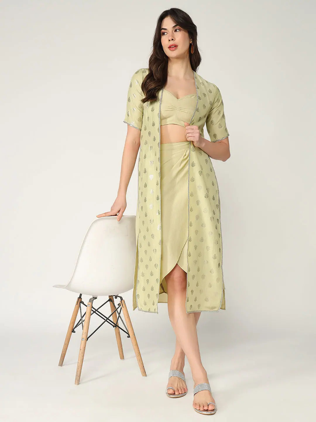 Pastel Foil Printed Shrug With Solid Bralette And Dhoti Skirt Set chiffon skirt airy