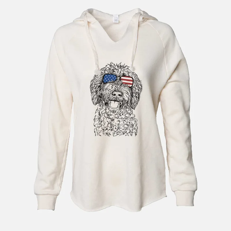 USA Jack the Chocolate Labradoodle - Cali Wave Hooded Sweatshirt Hoodie with Exposed Zipper Edgy Industrial USA Jack the Chocolate Labradoodle - Cali Wave Hooded Sweatshirt Hoodie with Exposed Zipper Edgy Industrial