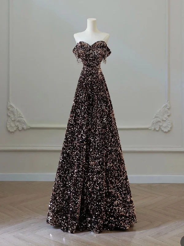 Off Shoulder A-Line Coffee Gold Sequin Long Prom Dress, Coffee Gold Evening Dress Tunics Long Elegant Off Shoulder A-Line Coffee Gold Sequin Long Prom Dress, Coffee Gold Evening Dress Tunics Long Elegant