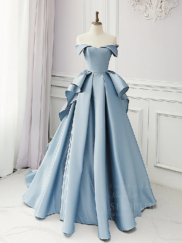 Simple A-Line Satin Blue Long Prom Dress, Blue Satin Long Formal Dress Square Neckline Feminine Simple A-Line Satin Blue Long Prom Dress, Blue Satin Long Formal Dress Square Neckline Feminine