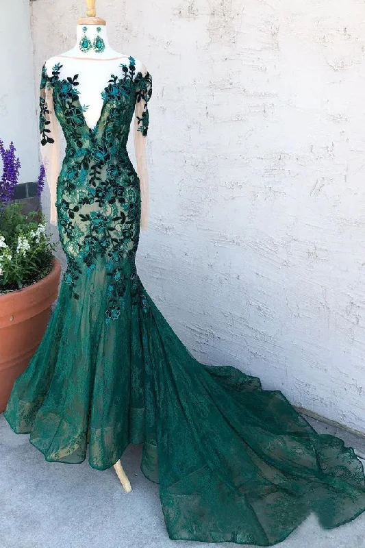 Mermaid Dark Green Prom Dress With Long Sleeves Illusion Neck Party Dress OKS6 Tunics Luxurious high-end Mermaid Dark Green Prom Dress With Long Sleeves Illusion Neck Party Dress OKS6 Tunics Luxurious high-end