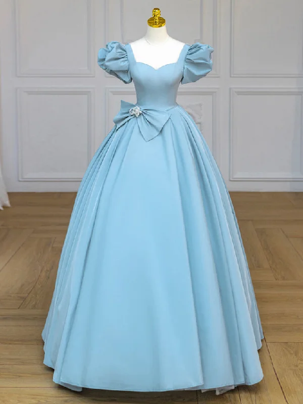 Blue Satin Puff Sleeves Long Prom Gown, Blue Long Sweet 16 Dress Tunics Stylish modern Blue Satin Puff Sleeves Long Prom Gown, Blue Long Sweet 16 Dress Tunics Stylish modern