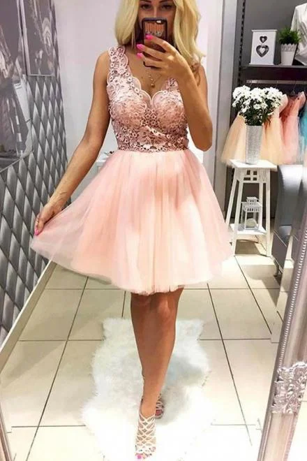 Pink Tulle V Neck Homecoming Dresses with Lace Short Straps Cocktail Party Dresses Tunics Leisure comfortable Pink Tulle V Neck Homecoming Dresses with Lace Short Straps Cocktail Party Dresses Tunics Leisure comfortable
