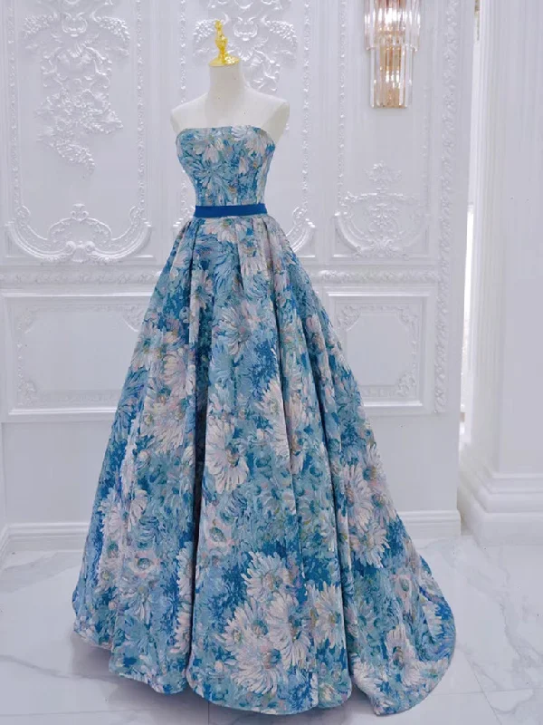 Unique A-Line Flower Satin Blue Long Prom Dress, Blue Long Formal Dress Tunics Trendy modern Unique A-Line Flower Satin Blue Long Prom Dress, Blue Long Formal Dress Tunics Trendy modern