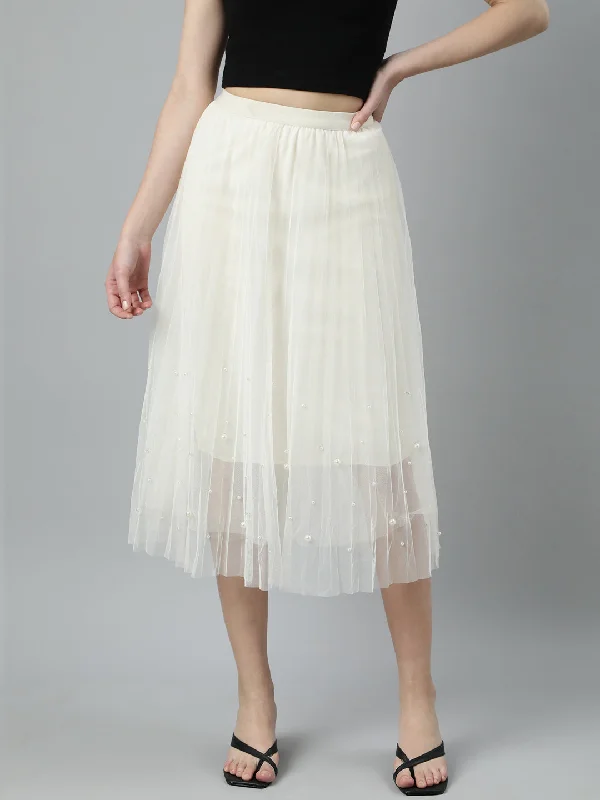Women Solid Cream Flared Midi Sheer Skirt-912-Cream chiffon skirt floaty