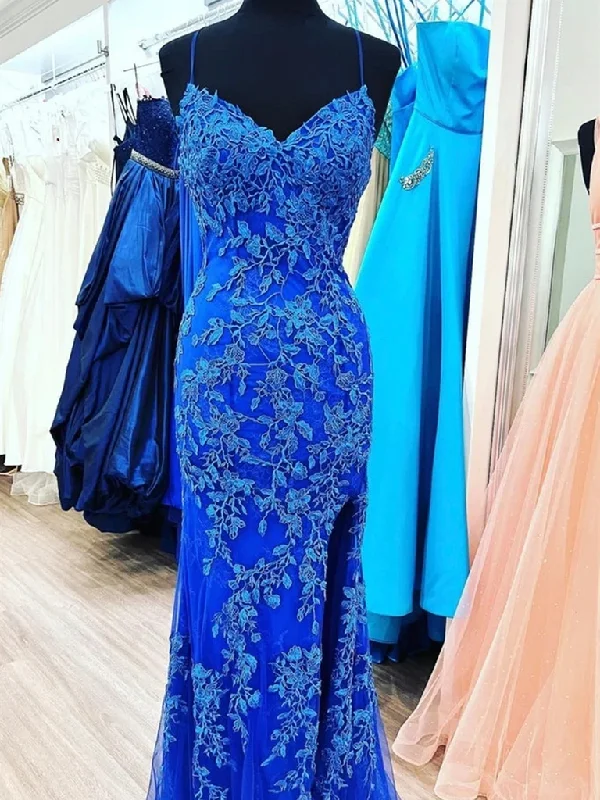 Blue Mermaid Spaghetti Straps Cheap Long Prom Dresses,Evening Party Dresses Tunics Floral girly Blue Mermaid Spaghetti Straps Cheap Long Prom Dresses,Evening Party Dresses Tunics Floral girly