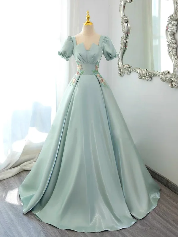 A-Line Satin Lace Applique Green Long Prom Dress, Green Long Formal Dress Tunics Silk luxurious A-Line Satin Lace Applique Green Long Prom Dress, Green Long Formal Dress Tunics Silk luxurious
