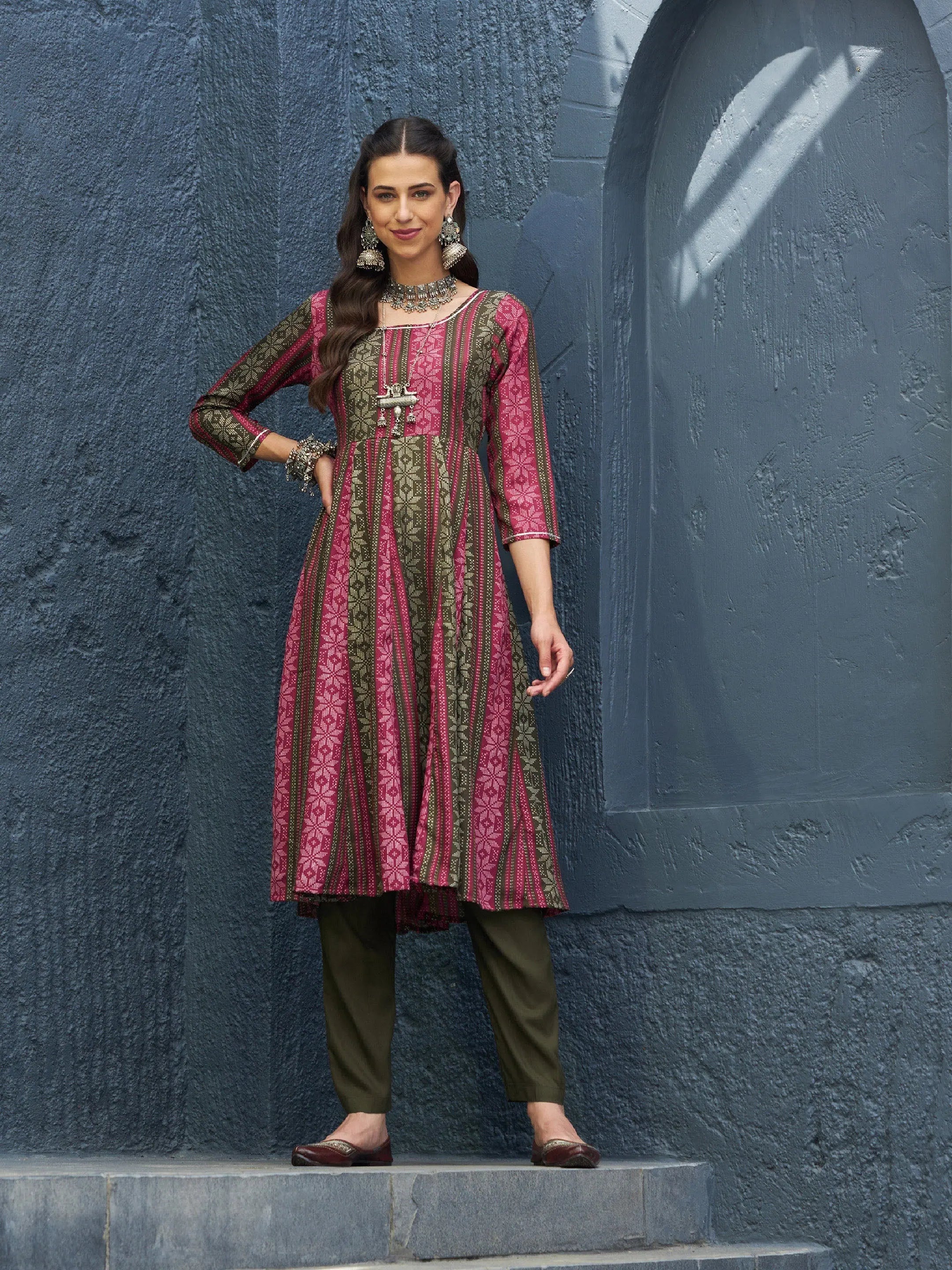 Women Maroon Geo Floral Anarkali Kurta With Olive Pants Trendy Work Pants