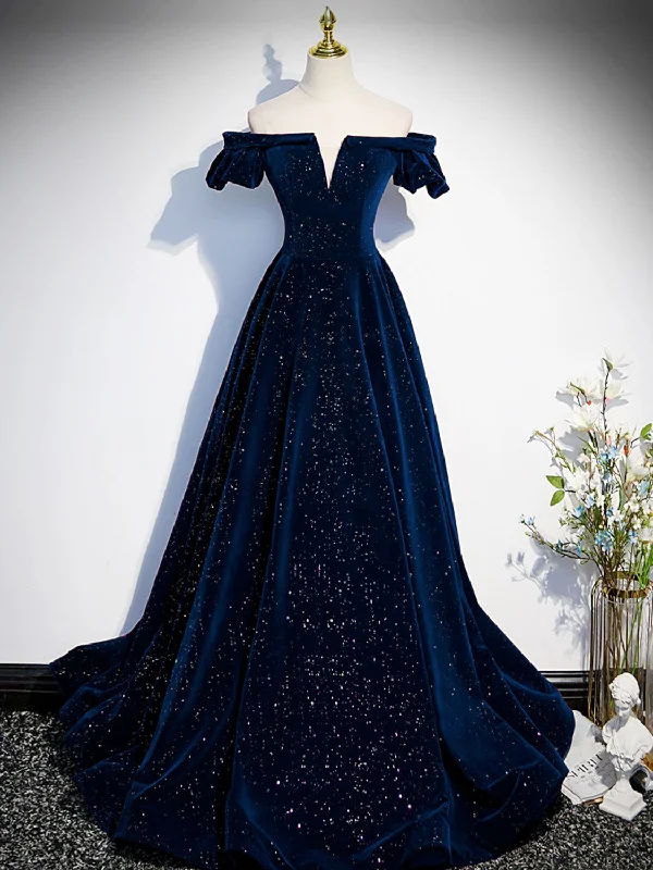 A-Line Off Shoulder Velvet Dark Blue Long Prom Dress, Dark Blue Long Formal Dress Tunics Versatile functional A-Line Off Shoulder Velvet Dark Blue Long Prom Dress, Dark Blue Long Formal Dress Tunics Versatile functional