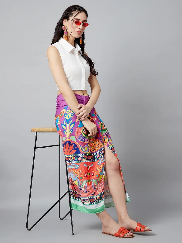 Women's Digital Print Front Slit Skirt - Aks leather skirt sleek