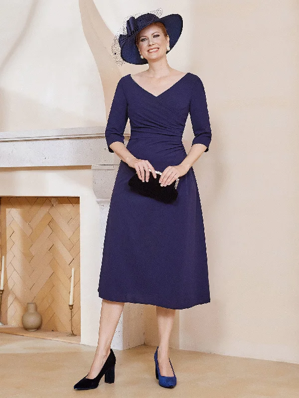 V-Neck Pleated A-line Dress Dark Navy Pencil Office Professional