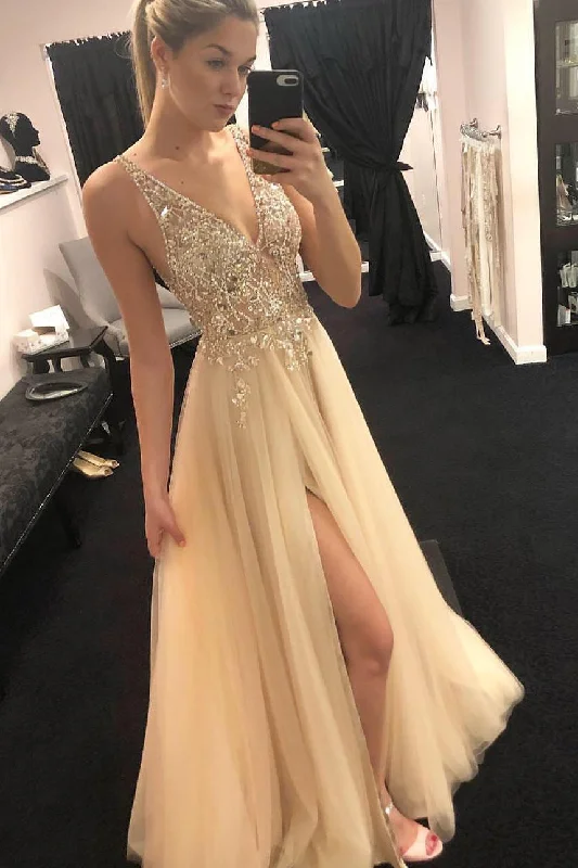 Cheap V-Neck Beading Tulle Long Prom Dresses, Junior Split Evening Party Dress OKI32 Tunics Vintage classic Cheap V-Neck Beading Tulle Long Prom Dresses, Junior Split Evening Party Dress OKI32 Tunics Vintage classic