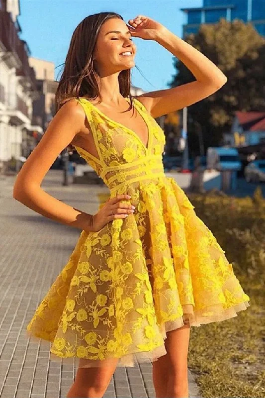 Vintage Yellow Lace Appliques V Neck Short Party Dress Above Knee Homecoming Dress Tunics Corduroy durable Vintage Yellow Lace Appliques V Neck Short Party Dress Above Knee Homecoming Dress Tunics Corduroy durable