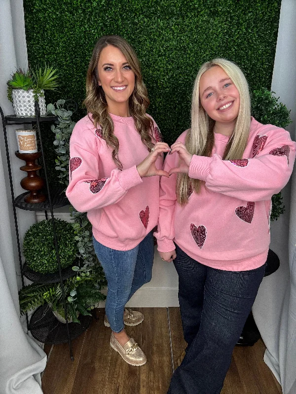SEQUINED HEARTS PATCHES SWEATSHIRT - LIGHT PINK Hoodie Jacket Zipper Layering
