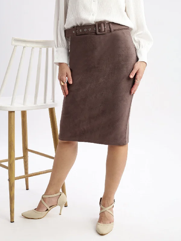 Women Solid Grey Pencil Midi Skirt with Belt-2003-Grey zip skirt side