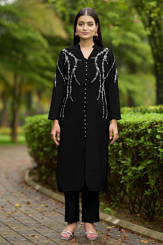 Black Hand Embroidery Art Silk Straight Cut Kurta Pants Set Modern Stretch Trousers