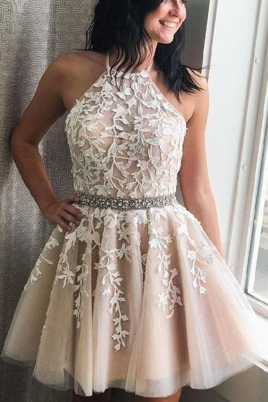 Elegant Halter Lace Appliques Beads Short Party Dresses Simple Homecoming Dresses H1242 Mermaid Tail Wedding Elegant Halter Lace Appliques Beads Short Party Dresses Simple Homecoming Dresses H1242 Mermaid Tail Wedding