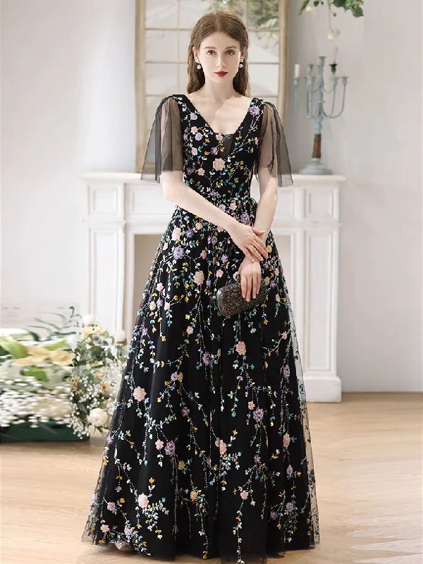 A-Line V Neck Tulle Lace Black Long Prom Dress, Black Long Evening Dress Tunics Vintage classic A-Line V Neck Tulle Lace Black Long Prom Dress, Black Long Evening Dress Tunics Vintage classic