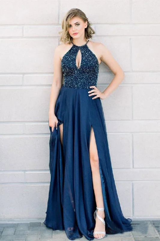 Halter Beaded Navy Blue Long Prom Dress with Slit Elegant Formal Party Dress OK7 Tunics Handmade artisanal Halter Beaded Navy Blue Long Prom Dress with Slit Elegant Formal Party Dress OK7 Tunics Handmade artisanal