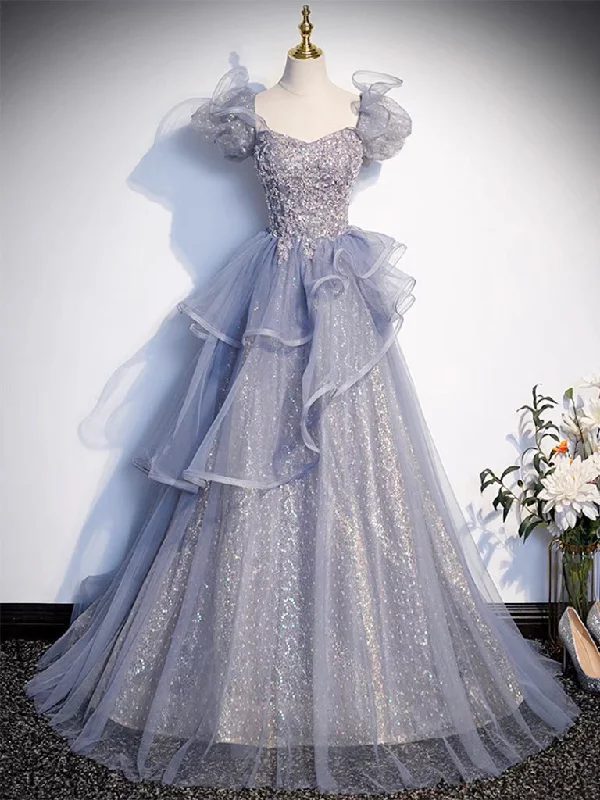 A-Line Sweetheart Neck Tulle Sequin Gray Blue Long Prom Dress, Gray Blue Long Formal Dress Off-the-shoulder Chic Trendy A-Line Sweetheart Neck Tulle Sequin Gray Blue Long Prom Dress, Gray Blue Long Formal Dress Off-the-shoulder Chic Trendy