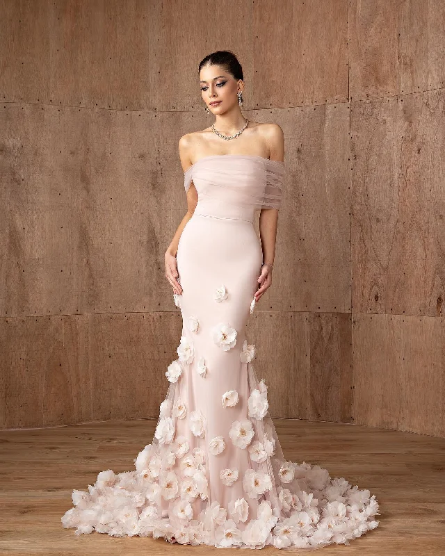 Elegant Pink 3D Flowers Off Shoulder Evening dress SF383 Tunics Wedding white
