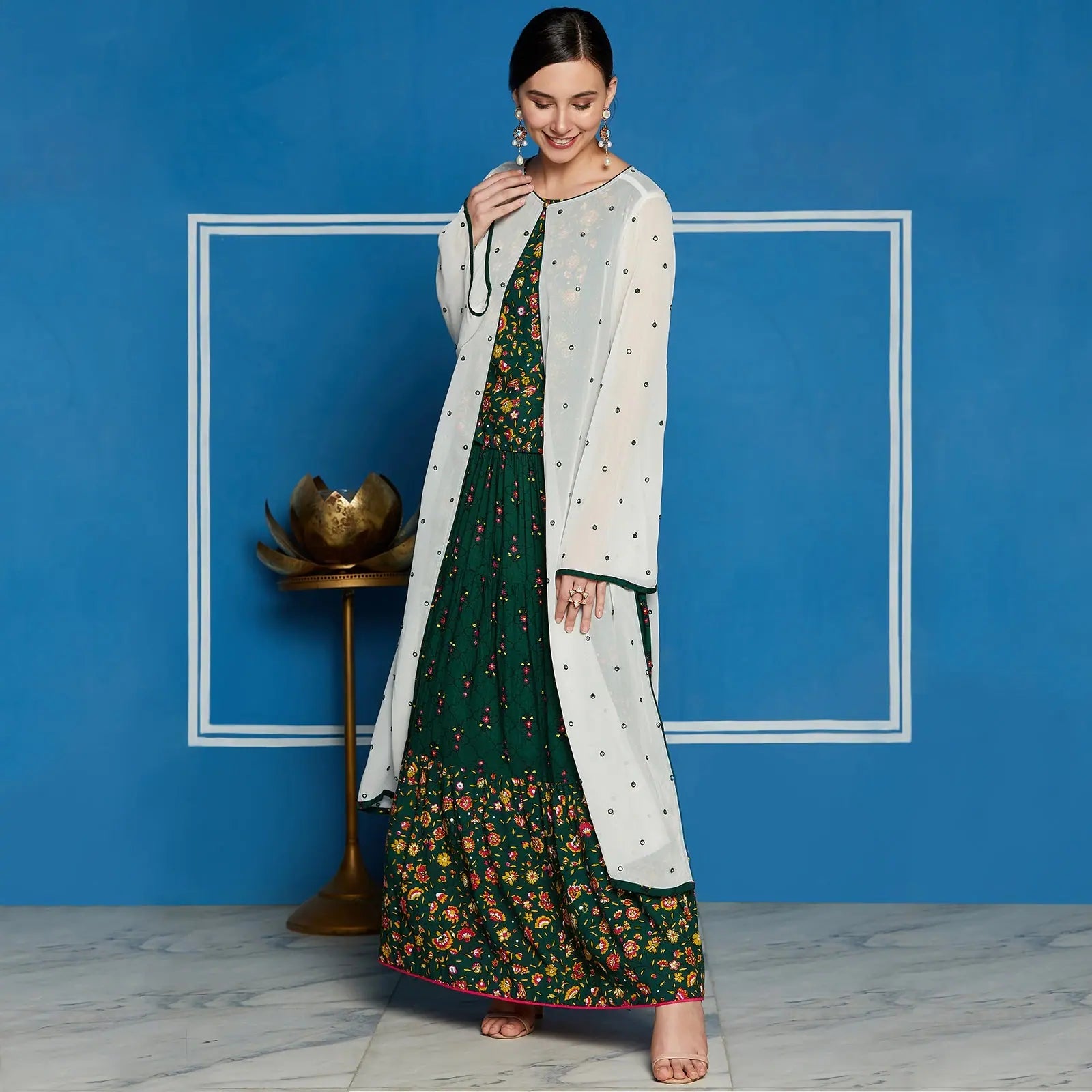 Green Mughal Printed Top With Skirt And Embroidered Shrug wrap skirt elegant